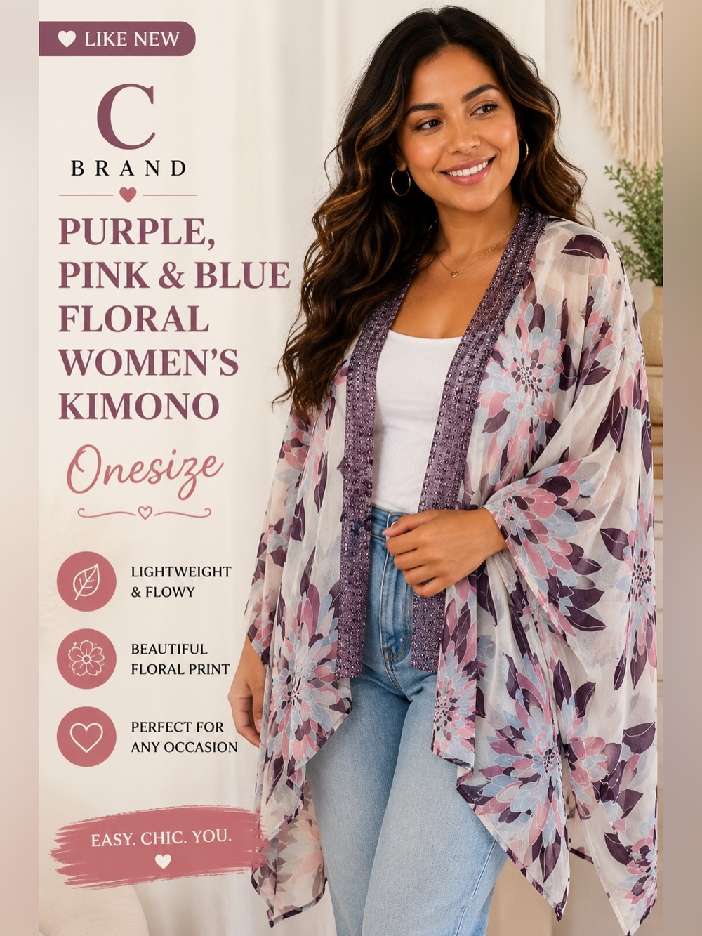 C Brand Purple, Pink and Blue Floral Women's Kimono Onesize